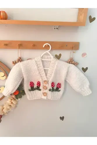 El Örgüsü Mantar Desen Beyaz Bebek Hırka - 3