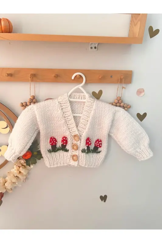 El Örgüsü Mantar Desen Beyaz Ünisex Bebek Hırka - 3