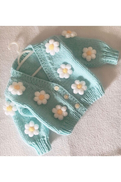 El Örgüsü Papatyalı Crop Bebek Hırka - Mint - İZMIRBLANKET (1)