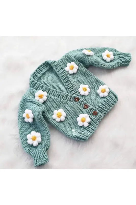 El Örgüsü Papatyalı Kız Bebek Hırka - Mint Yeşili - 1