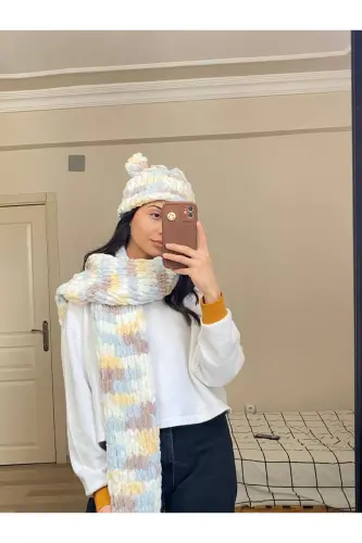 El Örgüsü Puffy Atkı Şal - beyaz sarı kahve mavi - MODA BIÇER (1)
