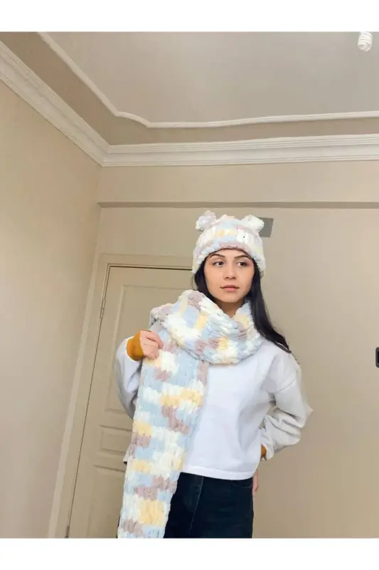 El Örgüsü Puffy Atkı Şal - beyaz sarı kahve mavi - 6