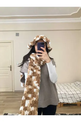 El Örgüsü Puffy Atkı Şal - kahve beyaz - MODA BIÇER (1)