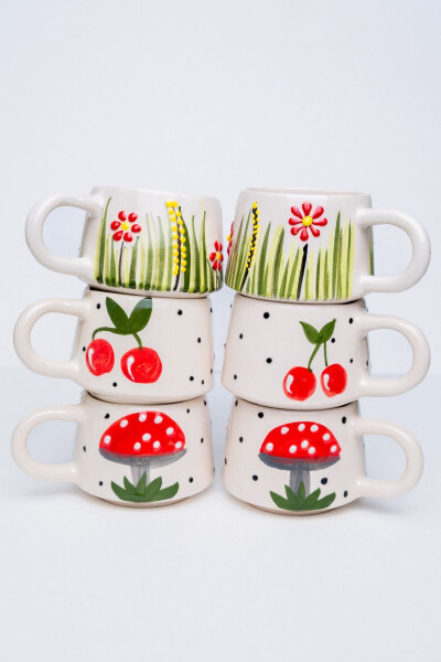 El Yapımı Seramik 6'lı Kahve Fincan Seti, Double Kupalar, Seramik Kırmızı Temalar Kahve Fincanı, Mug - 6