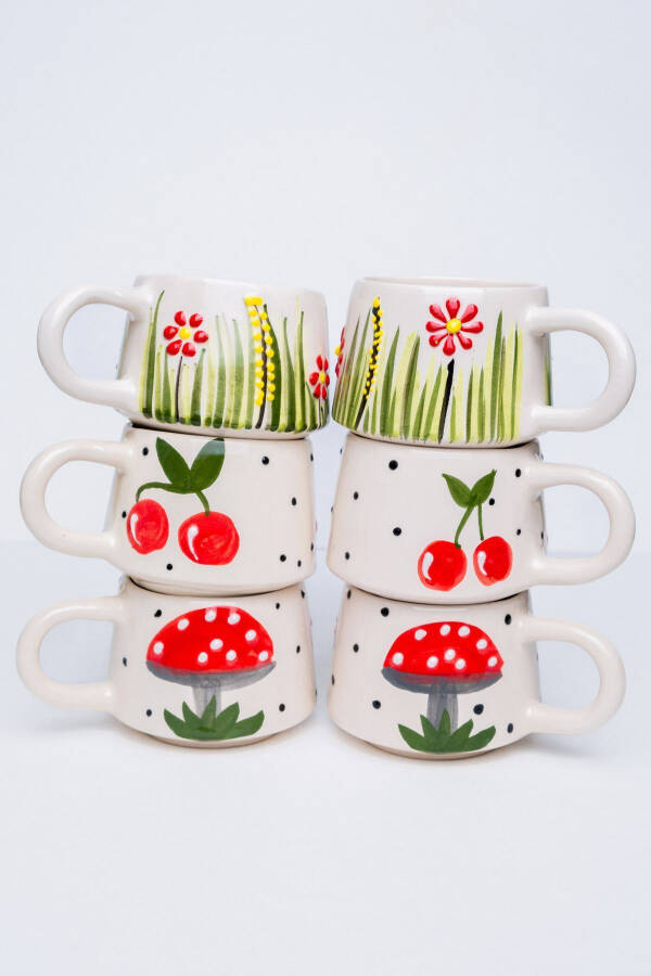 El Yapımı Seramik 6'lı Kahve Fincan Seti, Double Kupalar, Seramik Kırmızı Temalar Kahve Fincanı, Mug - 6