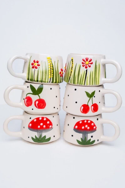 El Yapımı Seramik 6'lı Kahve Fincan Seti, Double Kupalar, Seramik Kırmızı Temalar Kahve Fincanı, Mug - TOUCHMUGHM