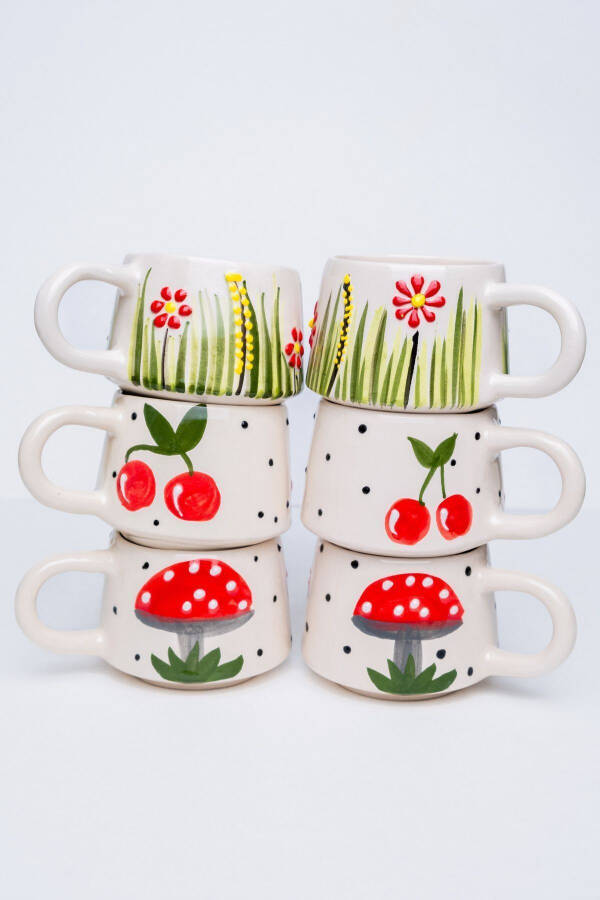 El Yapımı Seramik 6'lı Kahve Fincan Seti, Double Kupalar, Seramik Kırmızı Temalar Kahve Fincanı, Mug - 1