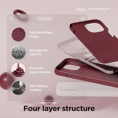 elago iPhone 15 Case bilan mos keladi, Suyuq silikon g'ilof, To'liq himoya qopqog'i, Zarba o'tkazmaydigan, Yupqa dizayn, Tirnalishga qarshi yumshoq mikrofiber astar, 6,1 dyuym (Burgundi) - 4