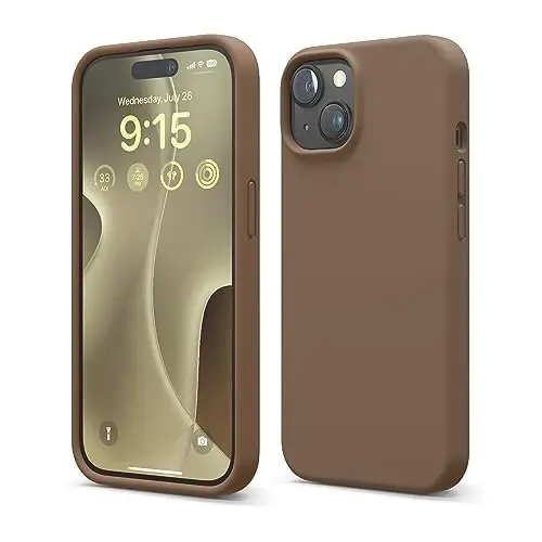 elago iPhone 15 Case bilan mos keladi, Suyuq silikon g'ilof, To'liq tana himoya qoplamasi, Zarba o'tkazmaydigan, Yupqa dizayn, Tirnalishga qarshi yumshoq mikrofiber astar, 6,1 dyuym (Jigarrang) - ELAGO