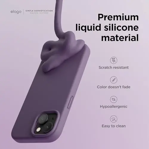 elago iPhone 15 Case bilan mos keladi, Suyuq silikonli g'ilof, To'liq himoya qopqog'i, Zarba o'tkazmaydigan, Yupqa dizayn, Tirnalishga qarshi yumshoq mikrofiber astar, 6,1 dyuym (To'q binafsha) - 3