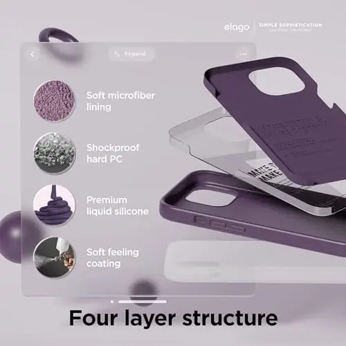 elago iPhone 15 Case bilan mos keladi, Suyuq silikonli g'ilof, To'liq himoya qopqog'i, Zarba o'tkazmaydigan, Yupqa dizayn, Tirnalishga qarshi yumshoq mikrofiber astar, 6,1 dyuym (To'q binafsha) - 4