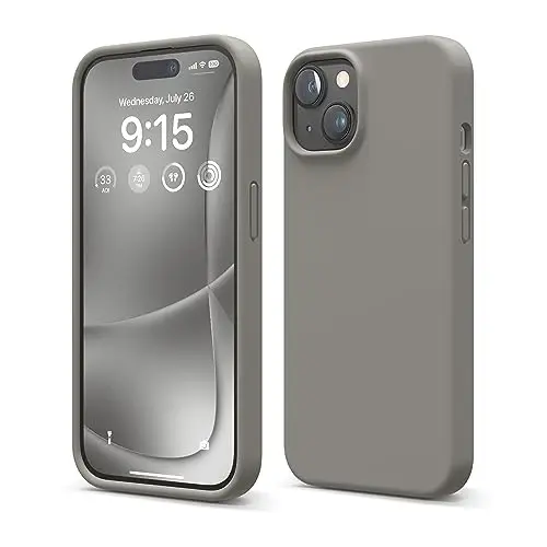 elago iPhone 15 Case bilan mos, Suyuq silikon g'ilof, To'liq himoya qopqog'i, Zarba o'tkazmaydigan, Yupqa dizayn, Chizishga qarshi yumshoq mikrofiber astar, 6,1 dyuym (O'rta kulrang) - ELAGO