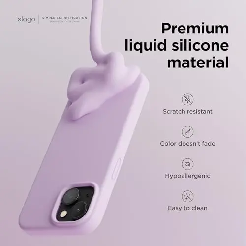 elago iPhone 15 Case bilan mos, Suyuq silikonli g'ilof, To'liq tana himoya qoplamasi, Zarba o'tkazmaydigan, Yupqa dizayn, Tirnalishga qarshi yumshoq mikrofiber astar, 6.1 dyuym (och binafsha) - 3
