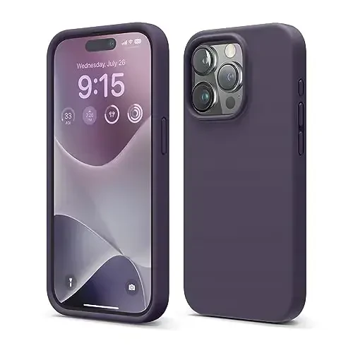 elago iPhone 15 Pro Case bilan mos keladi, Suyuq silikonli g'ilof, To'liq himoya qopqog'i, Zarba o'tkazmaydigan, Yupqa telefon g'ilofi, Chizishga qarshi yumshoq mikrofiber astar, 6,1 dyuym (To'q binafsha) 