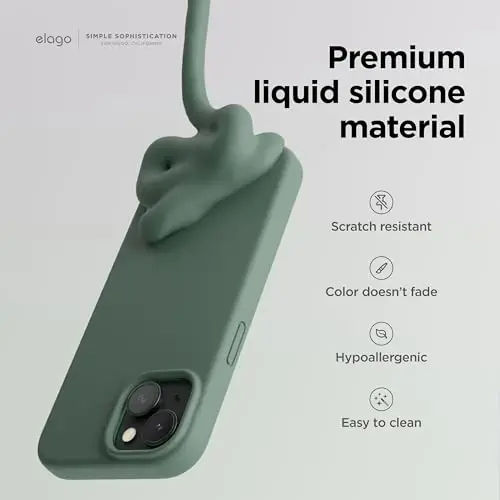 elago iPhone 15 uchun g‘ilofga mos keladi, suyuq silikon g‘ilof, to‘liq himoya qoplamasi, zarbga chidamli, ingichka dizayn, tirnalishga qarshi yumshoq mikrofiber astar, 6,1 dyuym (yarim tun yashili) - 3