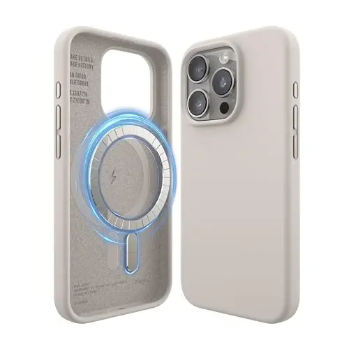 elago Magnetic Silicone Case Compatible with iPhone 15 Pro Case 6.1 Inch Compatible with All MagSafe Accessories - Built-in Magnets, Soft Grip Silicone, Shockproof [Stone] - 1