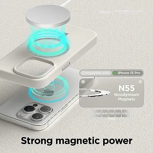 elago Магнетик силикон қоғози iPhone 15 Pro корпуси билан мос, 6.1 дюйм ҳамма MagSafe акссесуарлари билан мос - ичкари оʻрнатилган магнитлар, юмшоқ силикон, зарбага чидамли [Stone] - 2