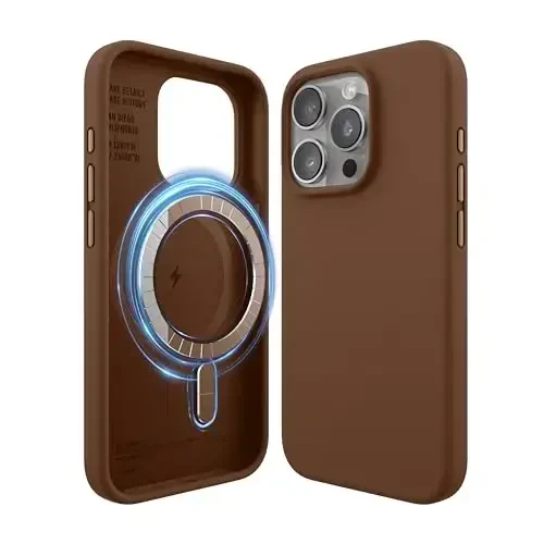 elago Magnetic Silicone Case Compatible with iPhone 15 Pro Case 6.1 Inch Compatible with All MagSafe Accessories - Built-in Magnets, Soft Grip Silicone, Shockproof (Brown) - 1