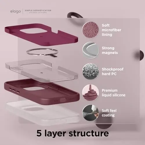 elago Magnetic Silicone Case Compatible with iPhone 15 Pro Case 6.1 Inch Compatible with All MagSafe Accessories - Built-in Magnets, Soft Grip Silicone, Shockproof (Burgundy) - 4
