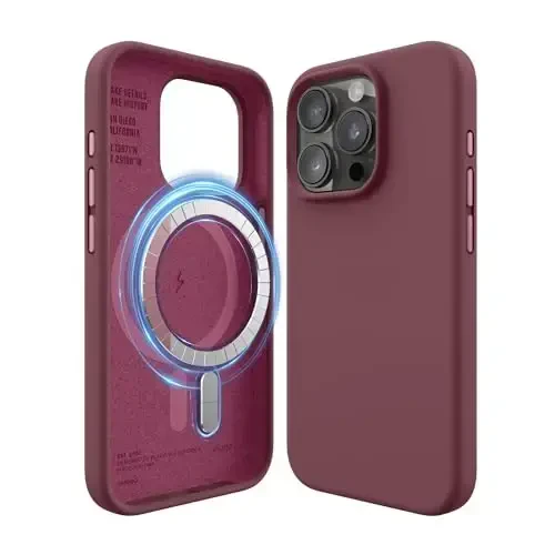elago Magnetic Silicone Case Compatible with iPhone 15 Pro Case 6.1 Inch Compatible with All MagSafe Accessories - Built-in Magnets, Soft Grip Silicone, Shockproof (Burgundy) 