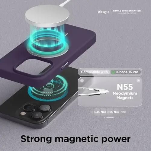 elago Magnetic Silicone Case Compatible with iPhone 15 Pro Case 6.1 Inch Compatible with All MagSafe Accessories - Built-in Magnets, Soft Grip Silicone, Shockproof (Deep Purple) - 2
