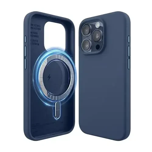 elago Magnetic Silicone Case Compatible with iPhone 15 Pro Case 6.1 Inch Compatible with All MagSafe Accessories - Built-in Magnets, Soft Grip Silicone, Shockproof [Jean Indigo] - ELAGO