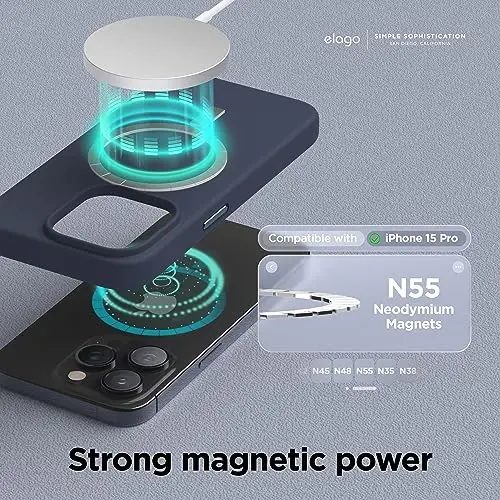 elago Magnetic Silicone Case Compatible with iPhone 15 Pro Case 6.1 Inch Compatible with All MagSafe Accessories - Built-in Magnets, Soft Grip Silicone, Shockproof [Jean Indigo] - ELAGO (1)