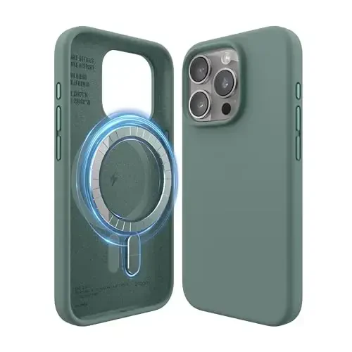 elago Magnetic Silicone Case Compatible with iPhone 15 Pro Case 6.1 Inch Compatible with All MagSafe Accessories - Built-in Magnets, Soft Grip Silicone, Shockproof [Midnight Green] - ELAGO
