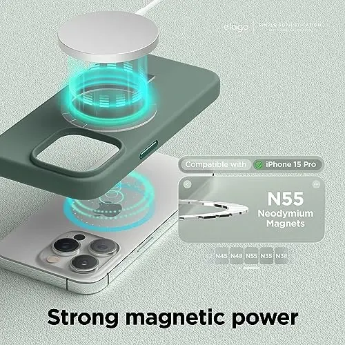 elago Magnetic Silicone Case Compatible with iPhone 15 Pro Case 6.1 Inch Compatible with All MagSafe Accessories - Built-in Magnets, Soft Grip Silicone, Shockproof [Midnight Green] - 2
