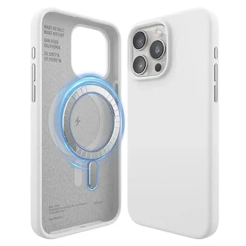 elago Magnetic Silicone Case Compatible with iPhone 15 Pro Max Case 6.7 Inch Compatible with All MagSafe Accessories - Built-in Magnets, Soft Grip Silicone, Shockproof (White) - ELAGO