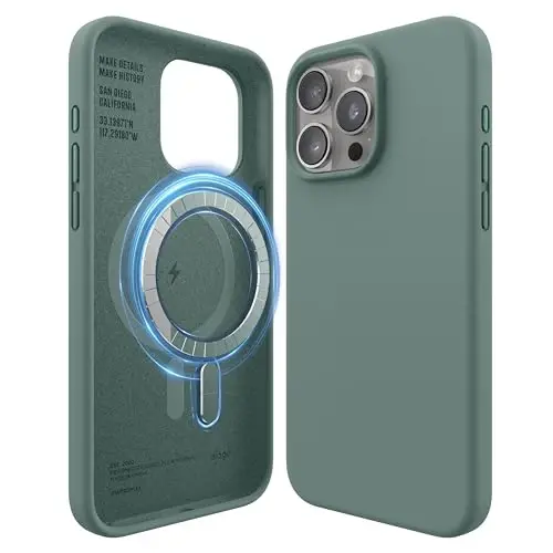 elago Magnetic Silicone Case Compatible with iPhone 15 Pro Max Case 6.7 Inch Compatible with All MagSafe Accessories - Built-in Magnets, Soft Grip Silicone, Shockproof [Midnight Green] - ELAGO
