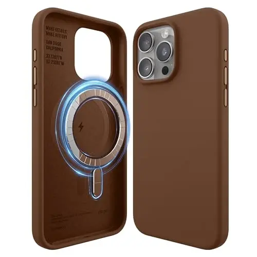 elago Magnetic Silicone Case Compatible with iPhone 15 Pro Max Case 6.7 Inch Compatible with All MagSafe Accessories - Built-in Magnets, Soft Grip Silicone, Shockproof (Brown) - 1