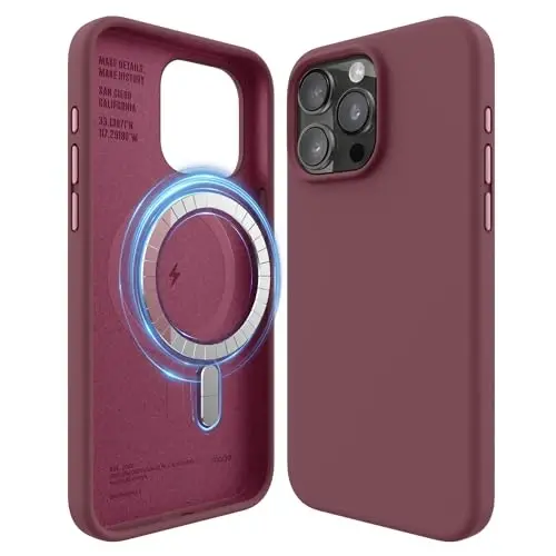elago Magnetic Silicone Case Compatible with iPhone 15 Pro Max Case 6.7 Inch Compatible with All MagSafe Accessories - Built-in Magnets, Soft Grip Silicone, Shockproof (Burgundy) - 1
