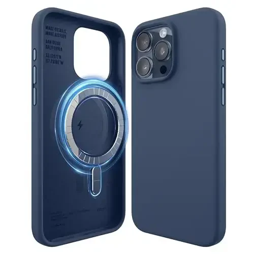 elago Magnetic Silicone Case Compatible with iPhone 15 Pro Max Case 6.7 Inch Compatible with All MagSafe Accessories - Built-in Magnets, Soft Grip Silicone, Shockproof [Jean Indigo] - ELAGO