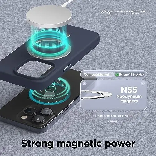 elago Magnetic Silicone Case Compatible with iPhone 15 Pro Max Case 6.7 Inch Compatible with All MagSafe Accessories - Built-in Magnets, Soft Grip Silicone, Shockproof [Jean Indigo] - ELAGO (1)