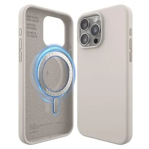 elago Magnetic Silicone Case Compatible with iPhone 15 Pro Max Case 6.7 Inch Compatible with All MagSafe Accessories - Built-in Magnets, Soft Grip Silicone, Shockproof [Stone] - 1