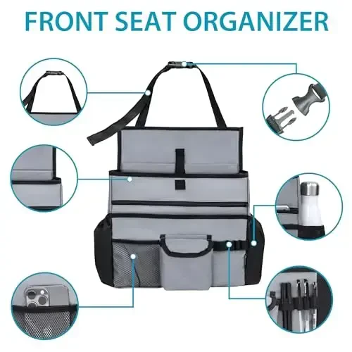 Elantrip Car Front Seat Organizer, Back Seat Storage with Adjustable Straps Truck Seat Organizers for Delivery Drive, Office File, Passenger Seat Gray - 4