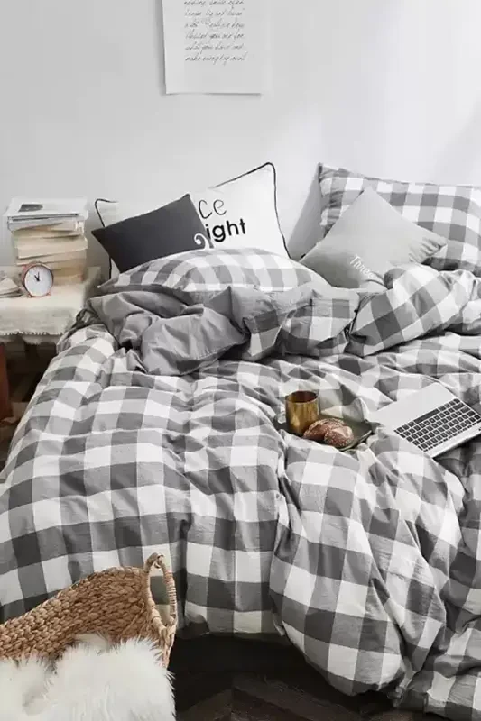 Elastic Fitted Sheet Duvet Cover Set Double Size Gingham Large-black - 2