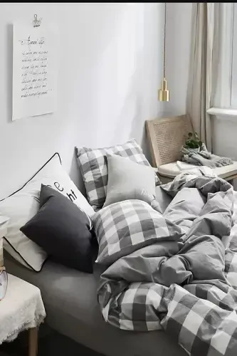 Elastic Fitted Sheet Duvet Cover Set Double Size Gingham Large-black - 5