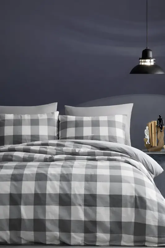 Elastic Fitted Sheet Duvet Cover Set Double Size Gingham Large-black - İQON