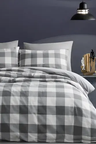 Elastic Fitted Sheet Duvet Cover Set Double Size Gingham Large-black - İQON (1)