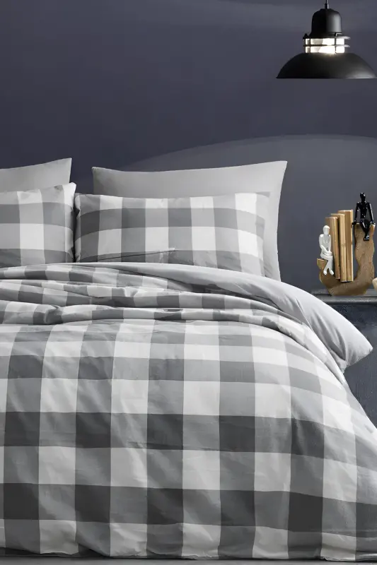 Elastic Fitted Sheet Duvet Cover Set Double Size Gingham Large-black - 2