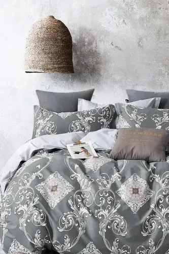 Elastic Fitted Sheet Duvet Cover Set Double Size Hanedan Grey-Hanedan Grey - 7
