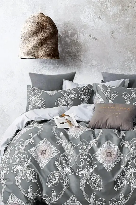 Elastic Fitted Sheet Duvet Cover Set Double Size Hanedan Grey-Hanedan Grey - 7