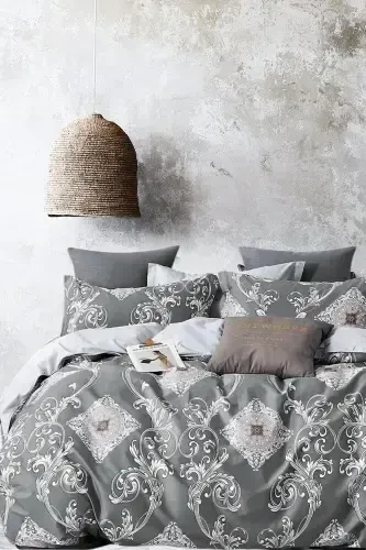 Elastic Fitted Sheet Duvet Cover Set Double Size Hanedan Grey-Hanedan Grey - 1