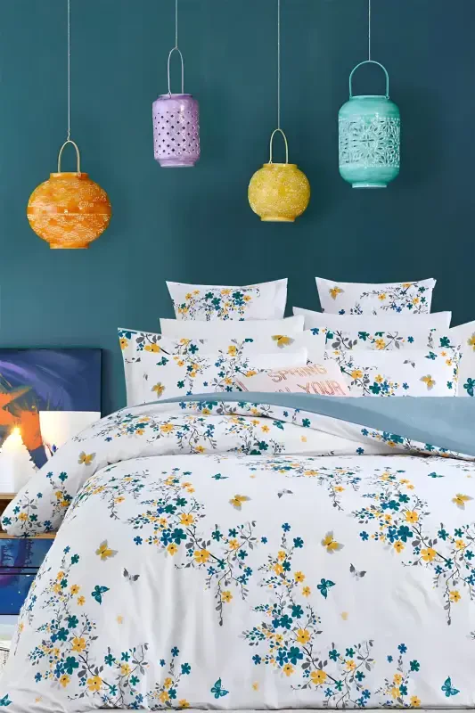 Elastic Fitted Sheet Duvet Cover Set Double Size jungle Petrol-Jungle Petrol - 1