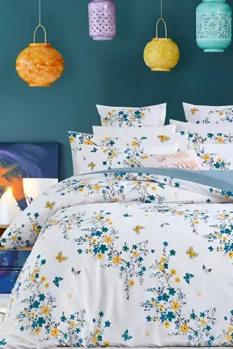 Elastic Fitted Sheet Duvet Cover Set Double Size jungle Petrol-Jungle Petrol - İQON (1)