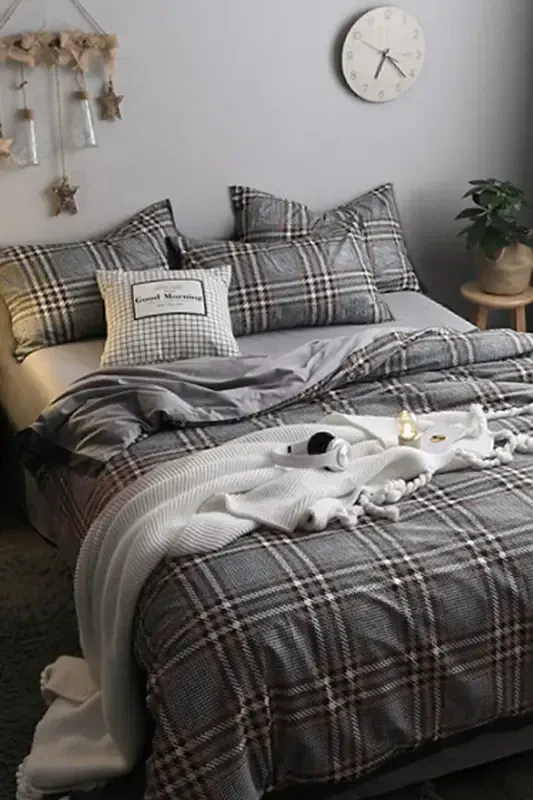 Elastic Fitted Sheet Duvet Cover Set Double Size Nordic Style Gray-GRAY - 1