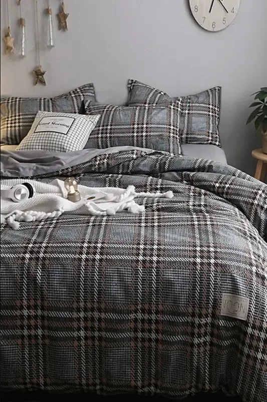 Elastic Fitted Sheet Duvet Cover Set Double Size Nordic Style Gray-GRAY - 2