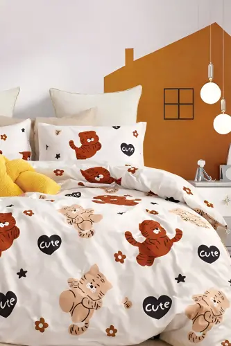 Elastic Fitted Sheet Duvet Cover Set Double Size PUMPKİN-Pumpkin Beige - İQON (1)